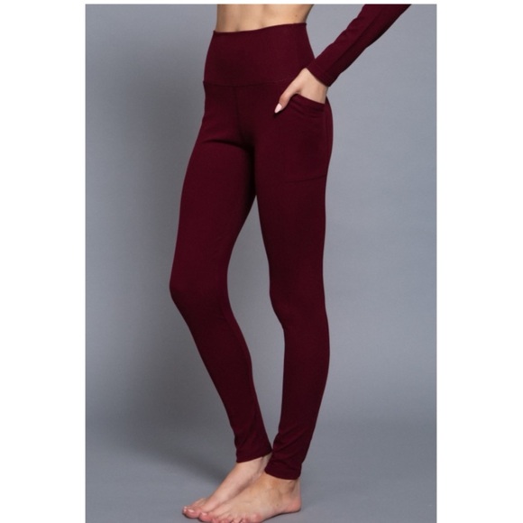 875 • Burgundy Mock Neck Ruched Long Sleeve High Waist Pocket Pants 2 Piece Set - Picture 8 of 9